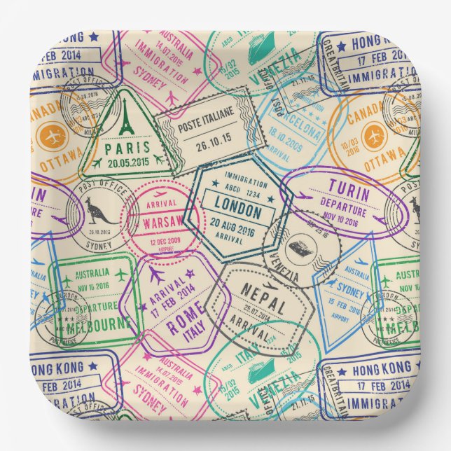 Reisepapierteller, Reisepass-Stempel-Party Pappteller (Vorderseite)