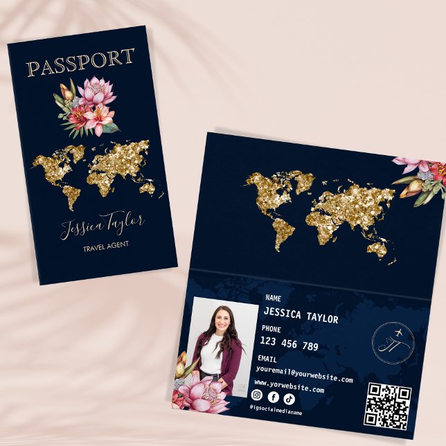 Reisepass Agent Weltkarte Foto einfügen Visitenkarten (Unique passport business cards)