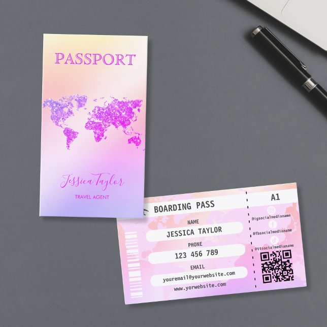 Reisepass Agent World Map Boarding Pass Visitenkarte (glitter passport cover business card with pink world map)