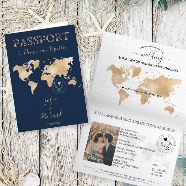 Reisepass für Hochzeiten Weltkarte Punta Cana Einladung (dominican republic passport wedding)