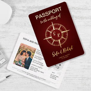 Reisepass Hochzeitsziel Gold Kompass Monogramm Folieneinladung
