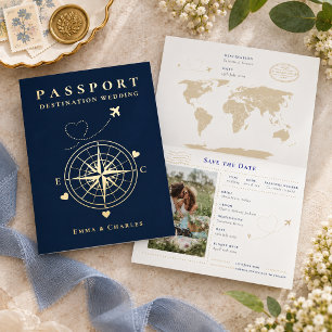 Reisepass Navy Blau Gold Hochzeit Termin bekanntge
