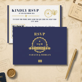 Reisepass Ziel Hochzeit Monogramm QR-Code RSVP Karte