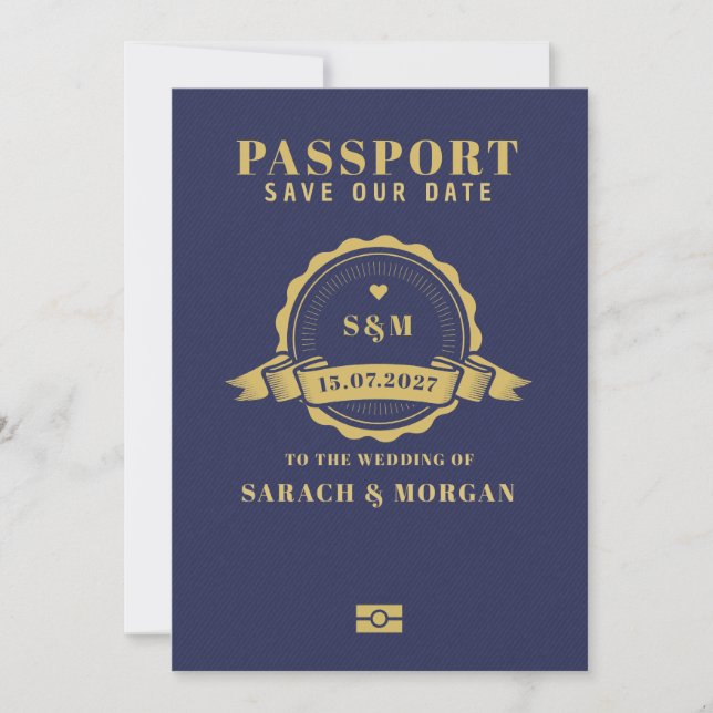 Reisepass Zielort Hochzeit Monogramm  Save The Date (Vorderseite)