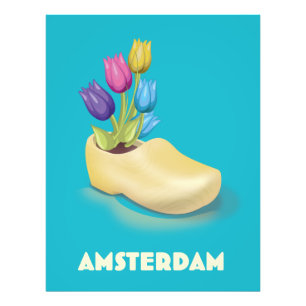 Reiseplakat Amsterdam Cloggs und Tulpen. Fotodruck