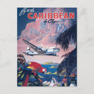 Reiseplakat eines Wasserflugzeugs über der Karibik Postkarte