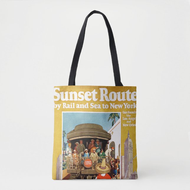 Reiseplakat für die Sunset Route mit Bahn und Schi (Vorderseite)