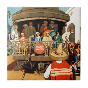 Reiseplakat für die Sunset Route mit Bahn und Schi Fliese