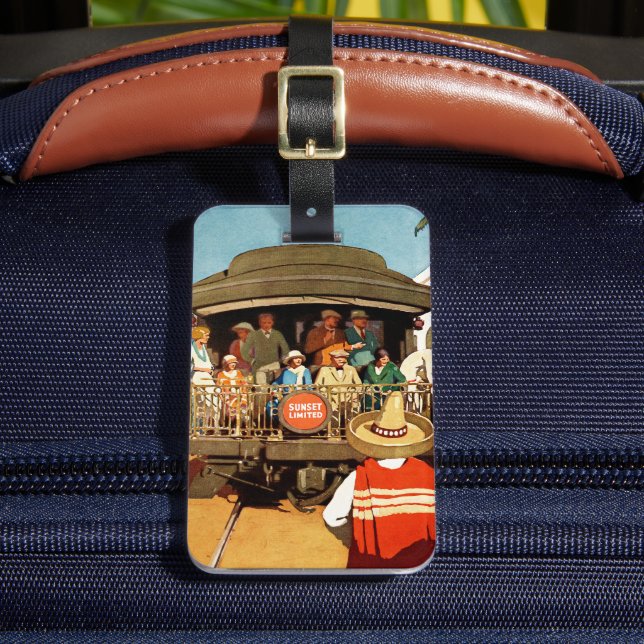 Reiseplakat für die Sunset Route mit Bahn und Schi Gepäckanhänger (Vorderseite Insitu 2)