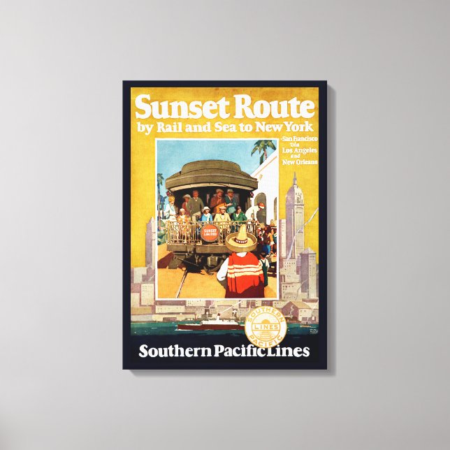 Reiseplakat für die Sunset Route mit Bahn und Schi Leinwanddruck (Vorderseite)