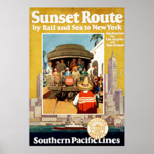 Reiseplakat für die Sunset Route mit Bahn und Schi Poster