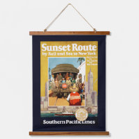 Reiseplakat für die Sunset Route mit Bahn und Schi