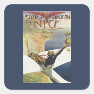 Reiseplakat im Vintage-Stil, Flugzeug über Nizza F Quadratischer Aufkleber