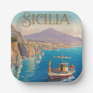 Reiseplakat im Vintage-Stil für Sizilien Italien Pappteller