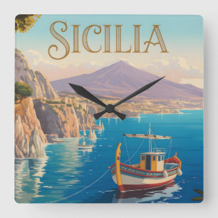 Reiseplakat im Vintage-Stil für Sizilien Italien Quadratische Wanduhr