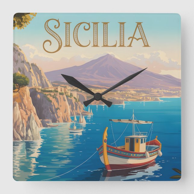 Reiseplakat im Vintage-Stil für Sizilien Italien Quadratische Wanduhr (Vorderseite)