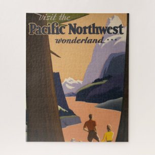 Reiseplakat im Vintage-Stil mit Blick auf Berge Puzzle