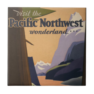 Reiseplakat im Vintage-Stil mit Blick über Berge Fliese
