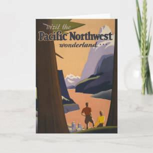 Reiseplakat im Vintage-Stil mit Blick über Berge Karte