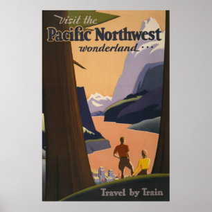 Reiseplakat im Vintage-Stil mit Blick über Berge Poster