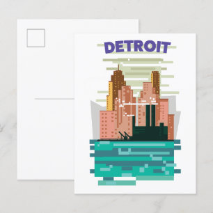 Reiseplakat mit Skyline von Detroit City. Einladungspostkarte