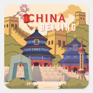 Reiseplakat Peking China   Asiatische Stadt-Wandku Quadratischer Aufkleber