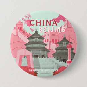 Reiseplakat Peking China Mintgrün, Rosa Kunst Button