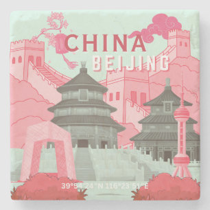Reiseplakat Peking China   Mintgrün, Rosa Kunst Steinuntersetzer