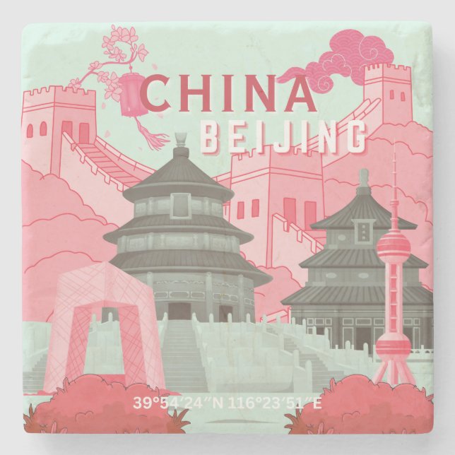 Reiseplakat Peking China | Mintgrün, Rosa Kunst Steinuntersetzer (Vorderseite)