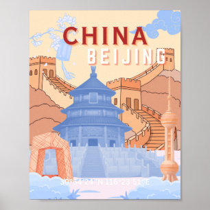 Reiseplakat Peking China Pastellblau und Pfirsic Poster
