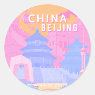 Reiseplakat Peking China Rosa & Blau Pastell Runder Aufkleber