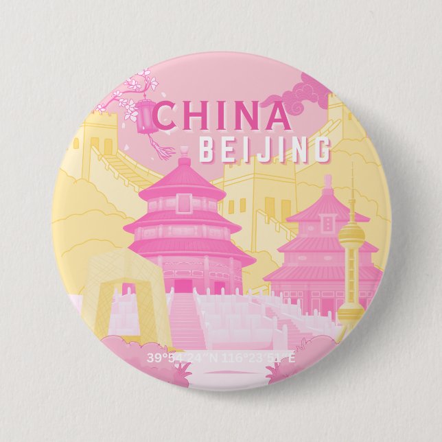 Reiseplakat Peking China | Rosa & Gelbe Kunst Button (Vorderseite)