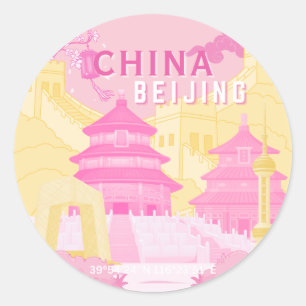Reiseplakat Peking China Rosa & Gelbe Kunst Runder Aufkleber