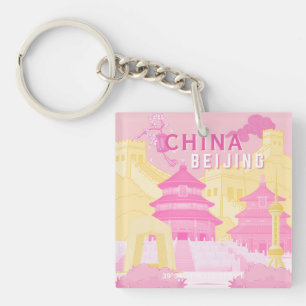 Reiseplakat Peking China Rosa & Gelbe Kunst Schlüsselanhänger