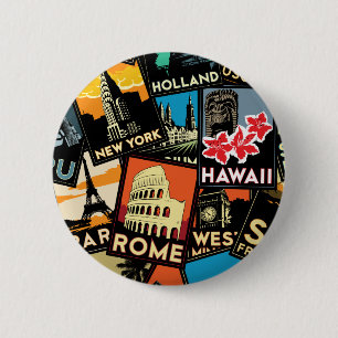 Reiseplakate Retro Vintage Europa Asien USA Button