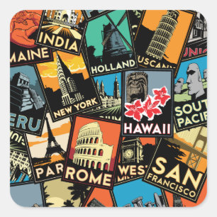 Reiseplakate Retro Vintage Europa Asien USA Quadratischer Aufkleber