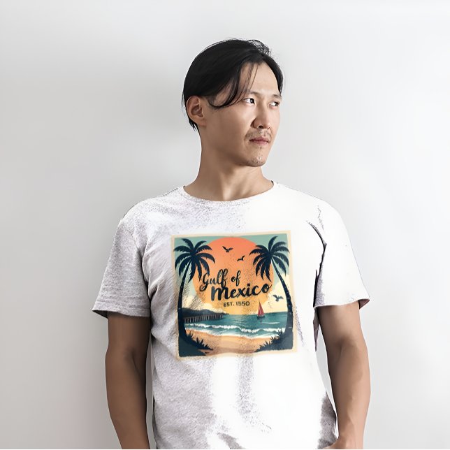 Reiseplakatschlucht in Mexiko T-Shirt (Gulf of Mexico Est. 1550 Retro Travel Poster Style white t-shirt. )