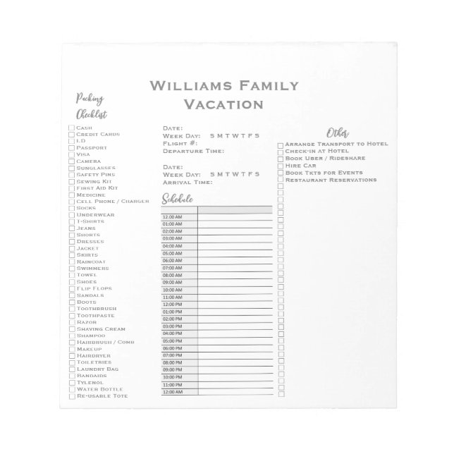 Reiseplaner Karo-Liste Notizblock (Vorderseite)