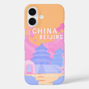 Reiseposter Peking China Rosa & Blaue Pastellfar iPhone 16 Hülle