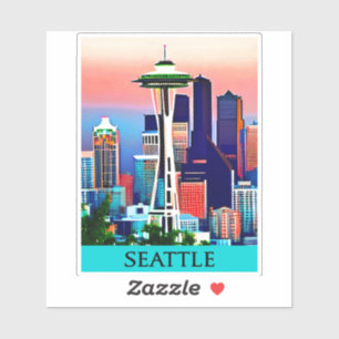 Reiseposter von Seattle unter einem Morgenhimmel Aufkleber
