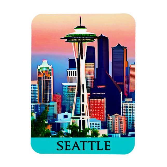 Reiseposter von Seattle unter einem Morgenhimmel Magnet (Vertikal)