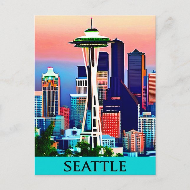Reiseposter von Seattle unter einem Morgenhimmel Postkarte (Vorderseite)