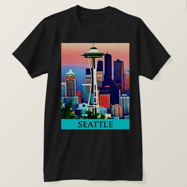 Reiseposter von Seattle unter einem Morgenhimmel T-Shirt (Design vorne)