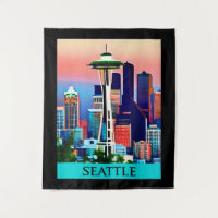 Reiseposter von Seattle unter einem Morgenhimmel