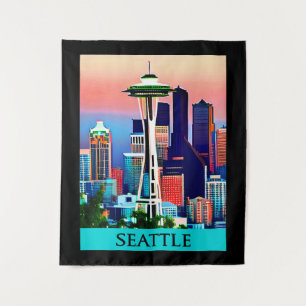Reiseposter von Seattle unter einem Morgenhimmel Wandteppich