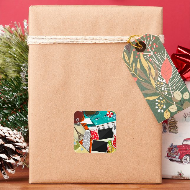 Reiserollage mit Ikonischen Sehenswürdigkeiten Url Quadratischer Aufkleber (Von Creator hochgeladen)