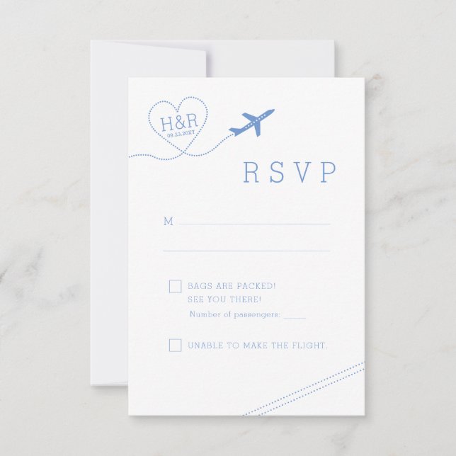 Reisethema Blue Airplane Minimalistisches Herz RSVP Karte (Vorderseite)
