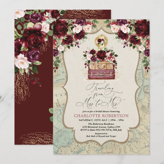 Reisethema Vintages Kartenabenteuer-Brautparty Einladung (Vorne/Hinten)