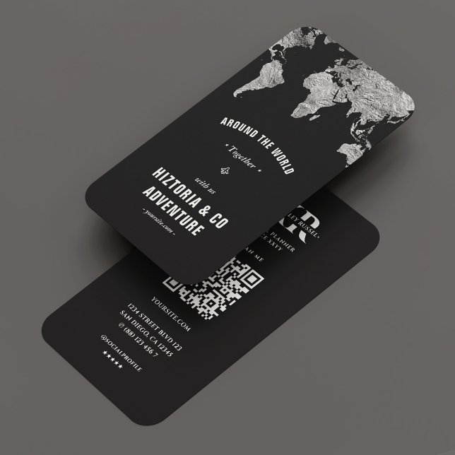 Reisetour Adventure World Map Silver Black Visitenkarte (Travel Tour Adventure World Map Silver Black Business Card
)