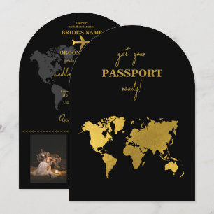 Reiseziel-Hochzeit Weltpass Schwarz Gold Einladung